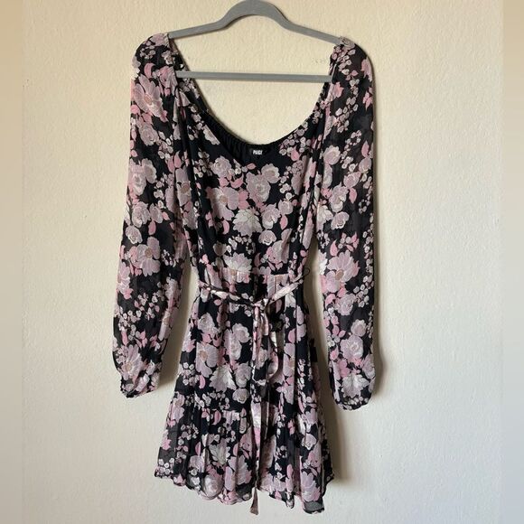Paige Simi Mini Black Dress Floral Blouse Wrap Size L - Picture 10 of 13